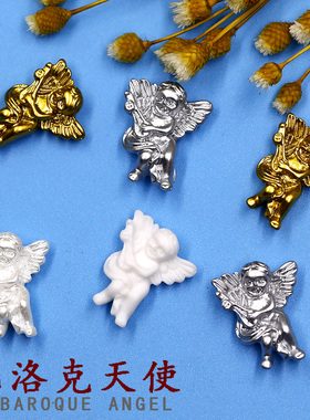 新款秋季浮雕美甲巴洛克天使金白色珍珠框抖音小红书网红小天使