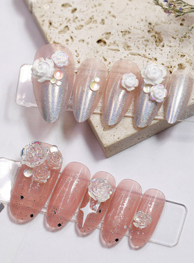网红白色AB彩山茶花美甲饰品透明极光立体花朵玫瑰花树脂指甲配饰