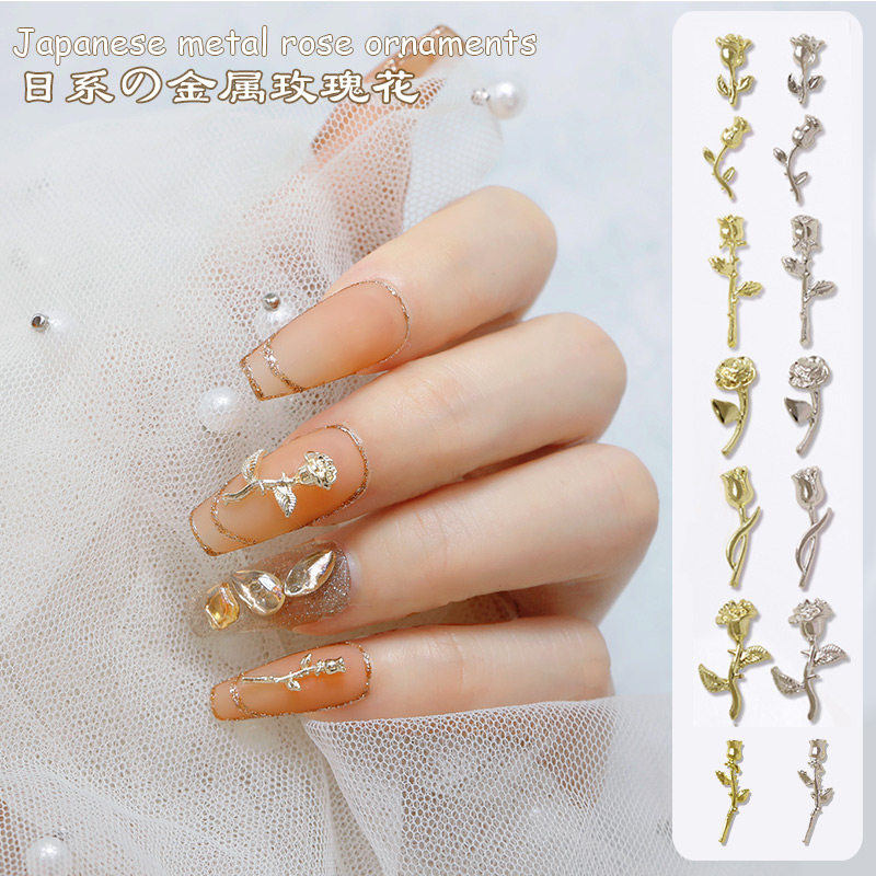 金属玫瑰花美甲饰品新款网红轻奢立体合金玫瑰花金银色指甲配饰