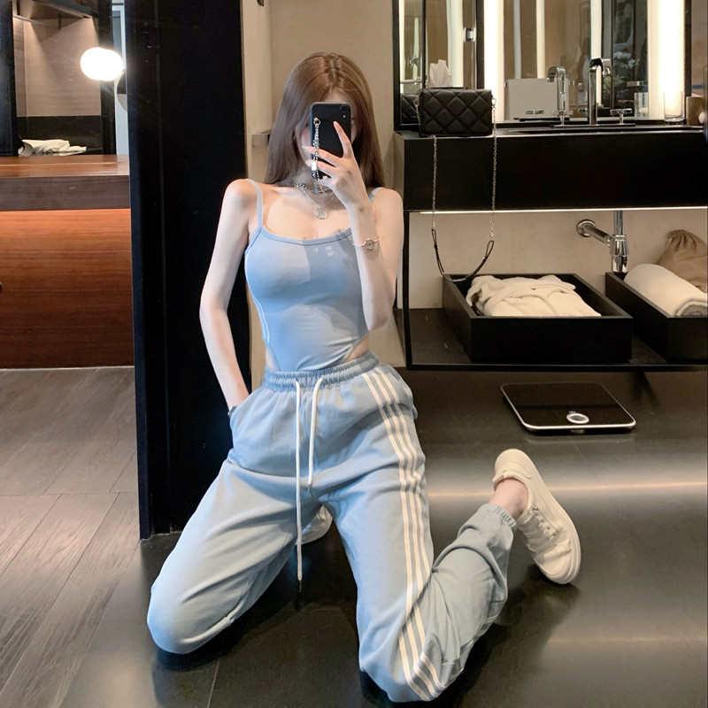 實拍實價ins辣妹休閒套裝女修身連體衣運動束腳褲兩件套潮