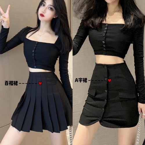 Real price Hong Kong wind long sleeve square collar straight button umbilical T-shirt + A-bag buttock skirt half-length skirt suit