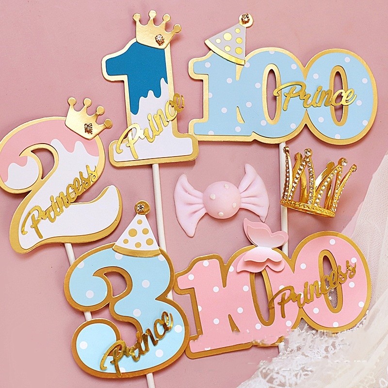 数字12波点帽子蝴蝶100天1st周岁一岁啦二岁三岁百天蛋糕装饰插牌