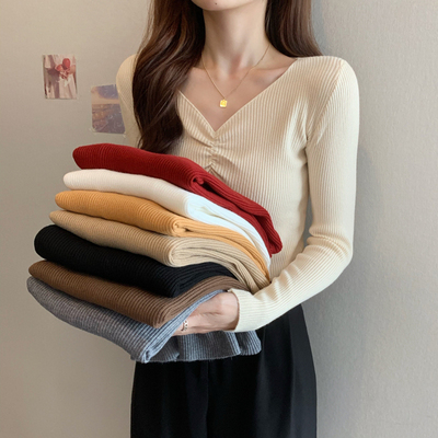 2025秋冬新款v领长袖打底针织衫上衣洋气爆款修身低领毛衣女内搭