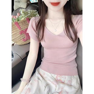上衣 粉色大领口短款 正肩t恤女夏季 修身 显瘦小个子针织冰丝v领短袖