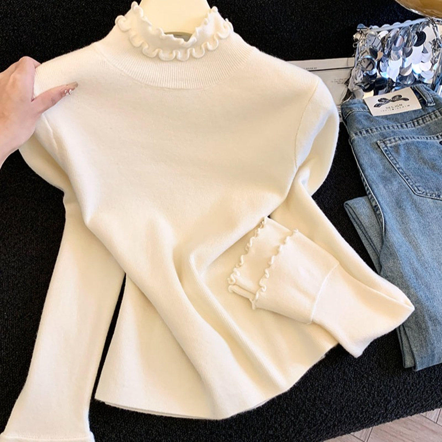 美拉德甜美风木耳边半高领内搭毛衣女秋冬白色长袖打底针织衫上衣,女装/女士精品,毛针织衫,淘宝优惠券,粉丝福利购,淘宝优惠卷