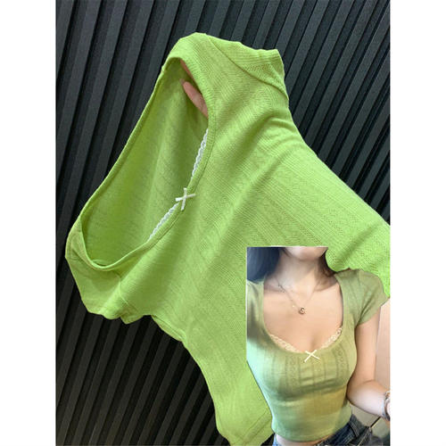 绿色显白蕾丝拼接蝴蝶结短袖t恤女夏季气质修身独特别致短款上衣
