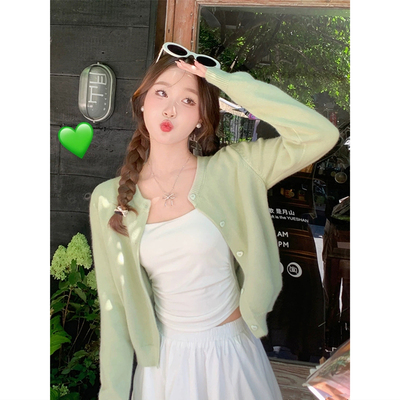 春秋薄款百搭修身长袖针织开衫上衣早秋chic绿色外搭毛衣女短外套