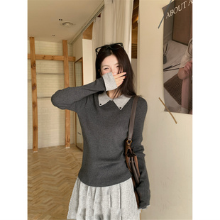 知性学术风翻领修身显瘦长袖打底针织衫上衣秋冬Polo领内搭毛衣女