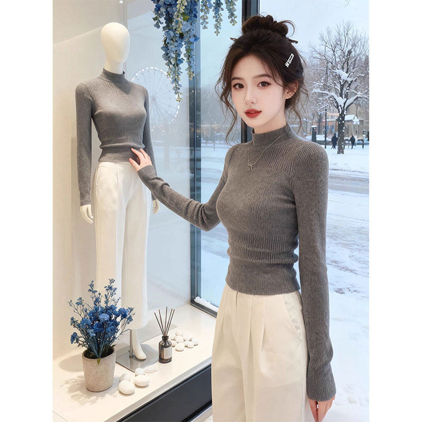 秋冬半高领修身紧身长袖打底针织衫上衣高级感外穿内搭灰色毛衣女,女装/女士精品,毛针织衫,淘宝优惠券,粉丝福利购,淘宝优惠卷
