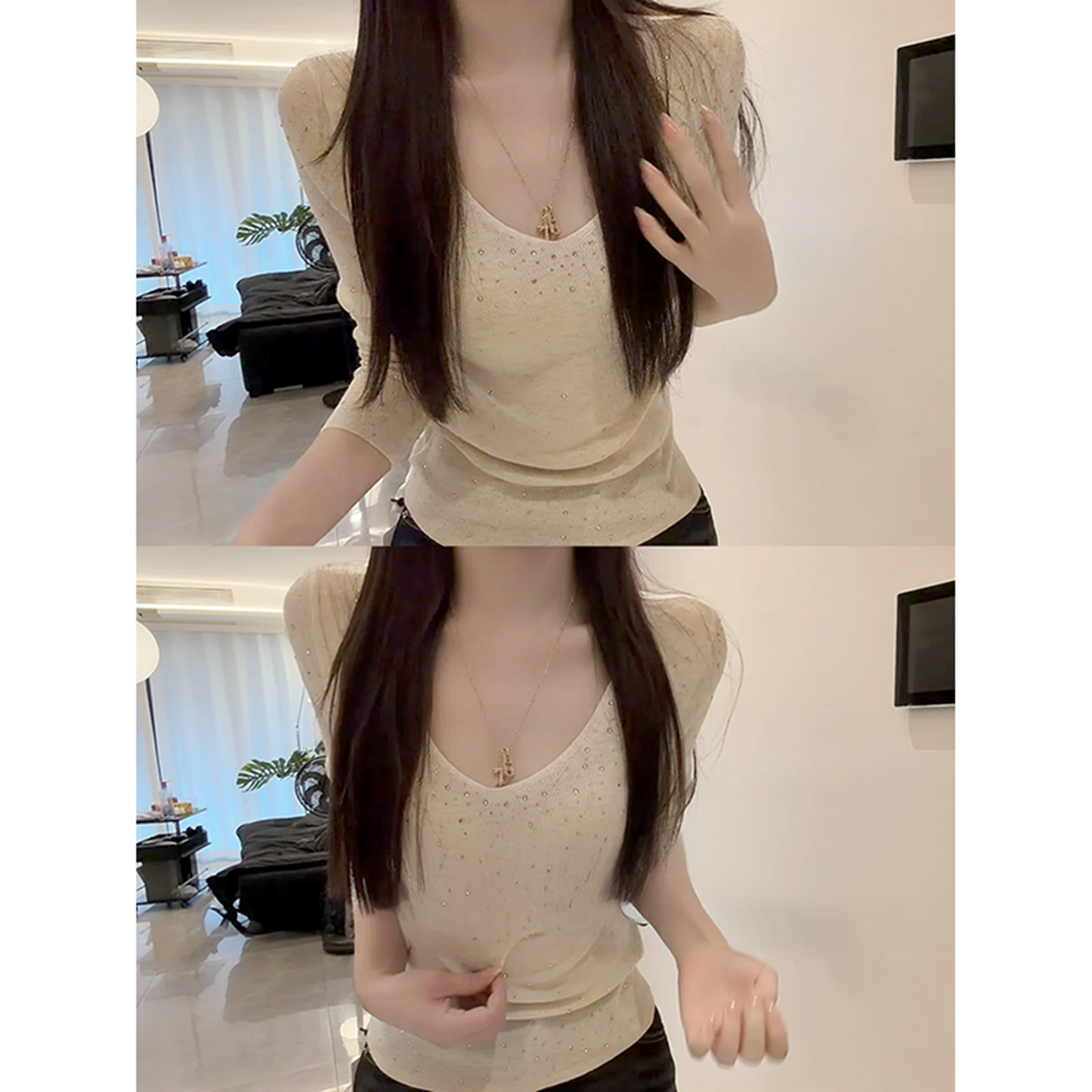 杏色v领针织衫女春秋冬新款重工烫钻亮闪闪长袖打底内搭毛衣上衣,女装/女士精品,毛针织衫,淘宝优惠券,粉丝福利购,淘宝优惠卷