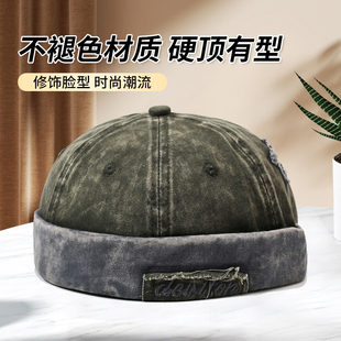 潮牌复古无檐瓜皮帽男冬季高顶水洗牛仔布时尚潮流硬顶雅痞帽子