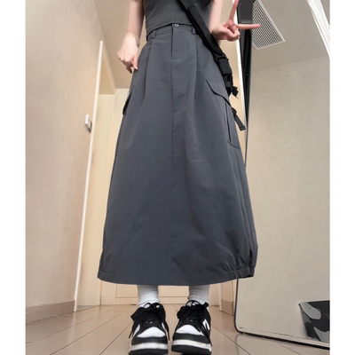 灰色速干工装花苞半身裙女春夏2026新款高腰遮跨显瘦a字复古伞裙