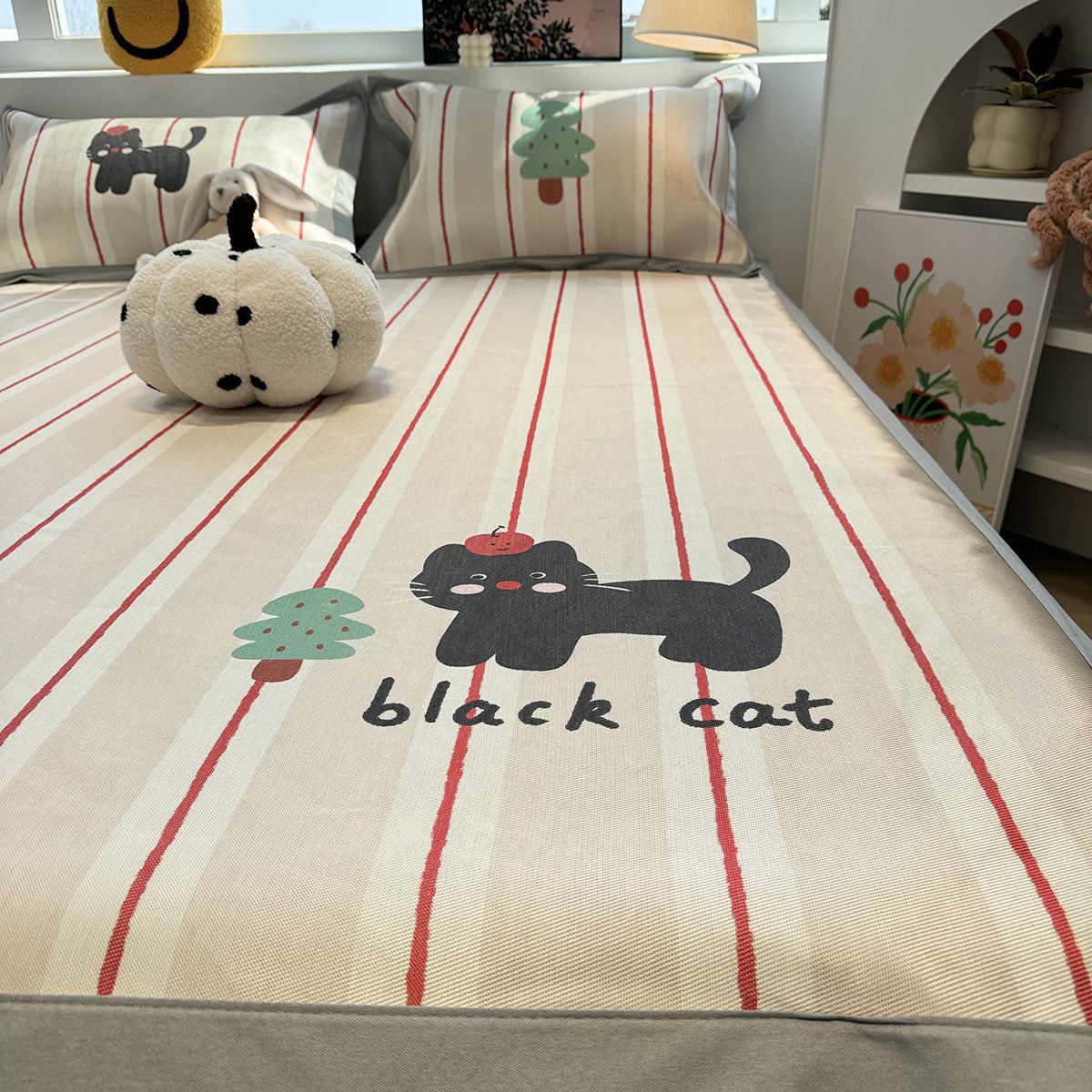 A类母婴级卡通小猫红条纹夏季冰丝凉席三件套2025新款可机洗软席,床上用品,冰丝席,淘宝优惠券,粉丝福利购,淘宝优惠卷