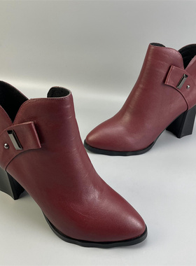 红色短靴真皮牛皮2025新款秋季高跟鞋粗跟中年女妈妈单靴子大码38