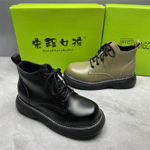 复古短靴加绒女绿色靴子39 冬季 马丁靴女2025年新款 英伦风短款