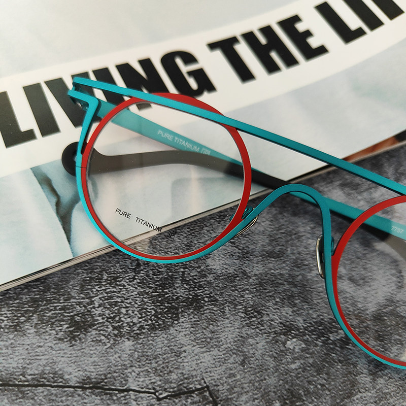 里予个性红绿撞色纯钛复古全框猫头鹰近视眼镜框女款小圆镜架潮