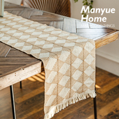 蔓越家 北欧复古格子棉麻桌旗餐垫派对装 饰编织隔热桌垫长条台布