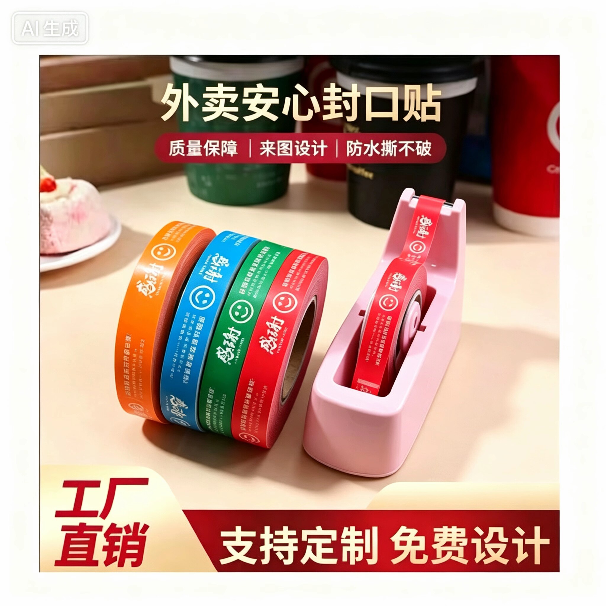工厂直销外卖封口贴食品封签支持定制可定制片装卷装不干胶标签
