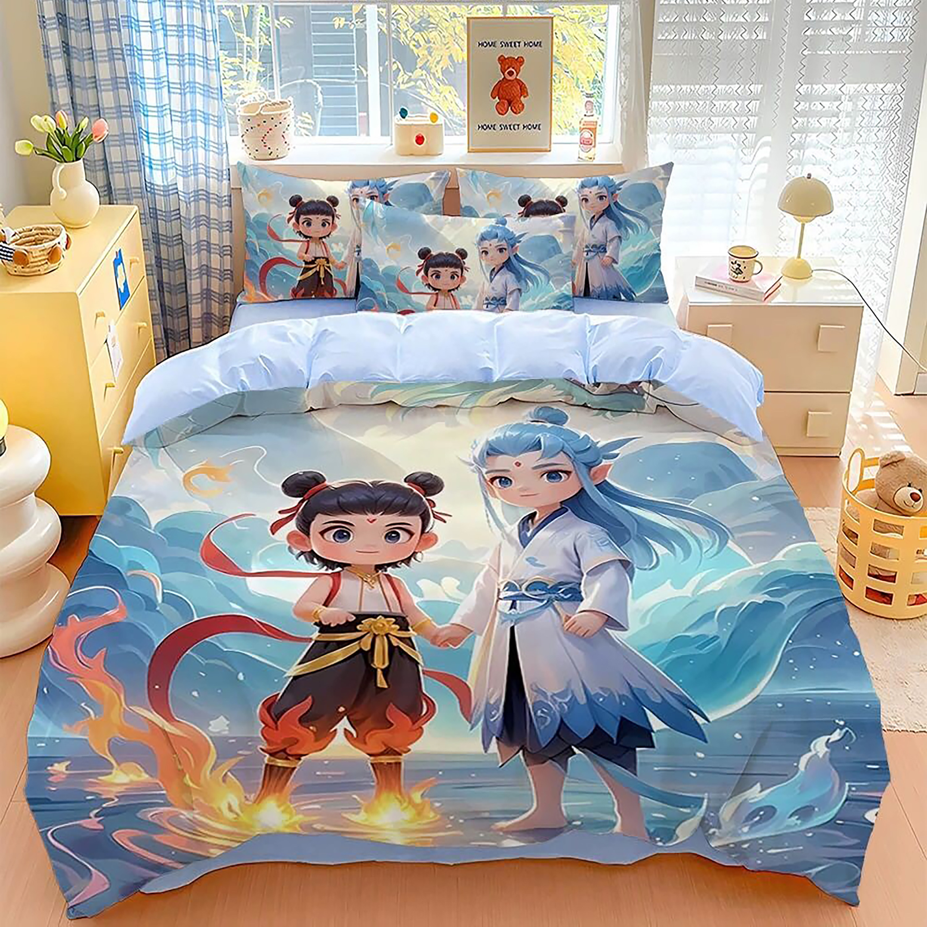 纯棉敖丙哪吒被罩四件套全棉床笠魔童闹海儿童学生床上用品三件套