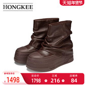 牛皮厚底洋气裤 Hongkee 红科短靴女新款 管靴小个子堆堆靴HC55X400
