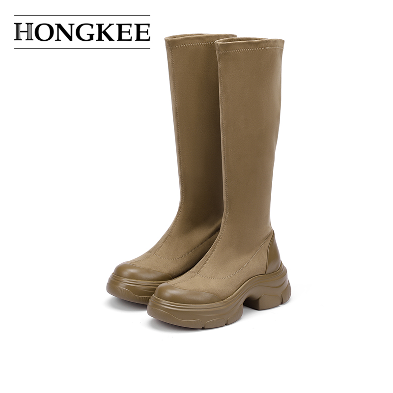 Hongkee/红科长筒靴2024早秋新款靴子厚底弹力女靴瘦瘦靴HD94D422