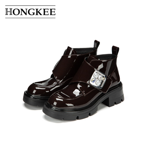 Hongkee/红科短靴子女2025新款厚底粗跟时装靴亮面单靴HA85M424