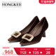 女气质细跟方扣丝绒面浅口女单鞋 Hongkee 红科高跟鞋 HA85S304