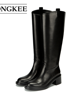 Hongkee/红科长靴女2025新款黑色高跟皮靴牛皮粗跟骑士靴HC25S406