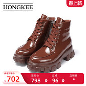 超纤圆头绒里厚底短靴女低靴 新款 Hongkee 红科冬季