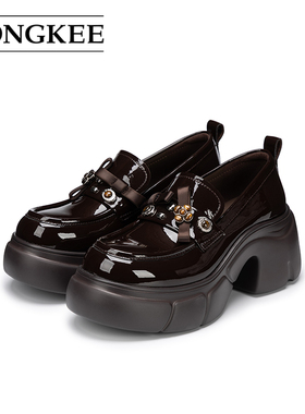 Hongkee/红科乐福鞋女厚底粗跟漆皮通勤女士单鞋小皮鞋H806D101