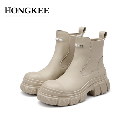 Hongkee/红科靴子女秋冬2024新款牛皮厚底时尚套筒短靴H874D402