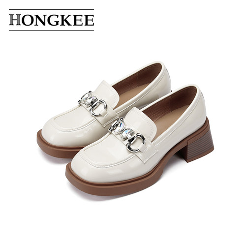 Hongkee/红科单鞋女2024春新款粗跟乐福鞋简约舒适女鞋HA54S105