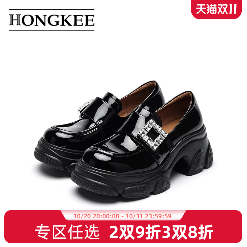 Hongkee/红科单鞋女2025新款圆头通勤厚底女鞋粗跟乐福鞋HA85M119