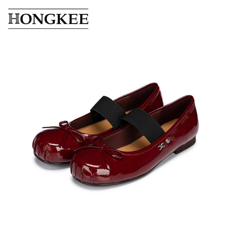 Hongkee/红科单鞋女款2026春低跟圆头芭蕾风玛丽珍小皮鞋H536S100