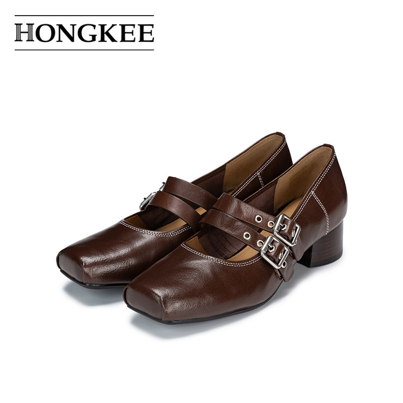 Hongkee/红科单鞋2026新款复古方头芭蕾风粗跟中跟玛丽珍H106S103