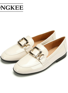 Hongkee/红科乐福鞋女2024新款单鞋牛漆皮平底鞋小皮鞋HD64D101