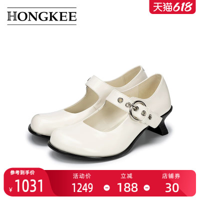 Hongkee/红科女鞋2026新款圆头粗跟浅口单鞋玛丽珍小皮鞋H566S101