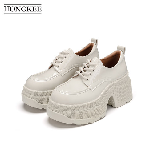 Hongkee/红科单鞋2026秋季新款厚底粗跟深口系带女鞋HA86M354