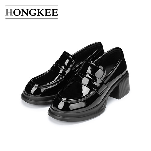 Hongkee/红科女鞋2026秋季新款粗跟漆皮通勤乐福鞋子H276D309
