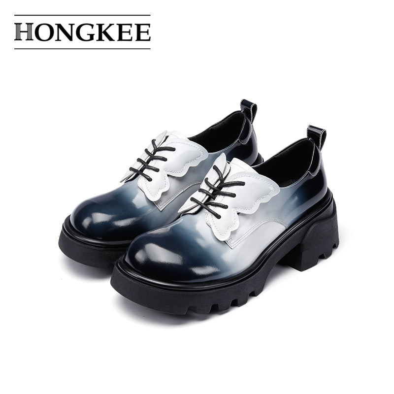 Hongkee/红科单鞋系带牛皮学院风小皮鞋拼色渐变时尚女鞋HA84S117