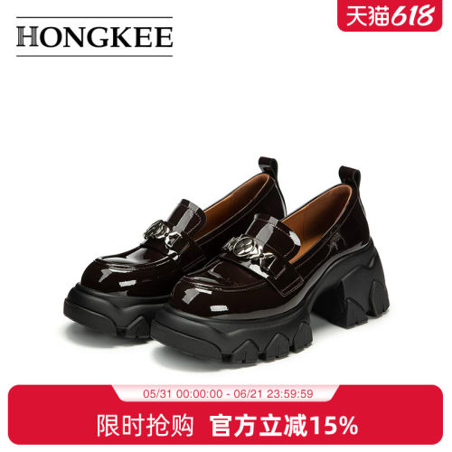 Hongkee/红科女鞋2025年新款秋季厚底粗跟时尚单鞋乐福鞋HA85M315