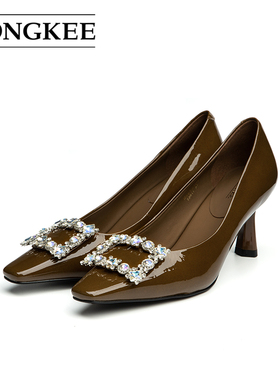 Hongkee/红科女鞋2025新款秋季时尚方扣牛漆皮细跟高跟鞋HA85S305