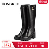 Hongkee 粗跟高跟黑色牛皮长靴H075M406 红科靴子女长筒靴2025新款
