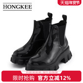 Hongkee 红科短靴女潮厚底圆头漆皮加绒切尔西靴女冬靴