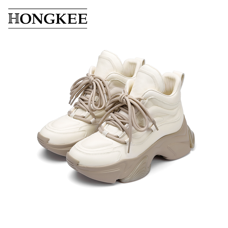 Hongkee/红科女鞋2023秋季新款厚底休闲鞋牛皮系带高帮鞋HB23X400