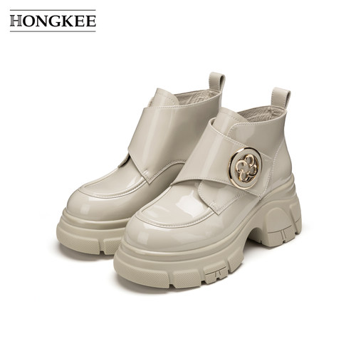 Hongkee/红科女靴2026冬季新款亮面厚底粗跟通勤短筒靴子HA86M456
