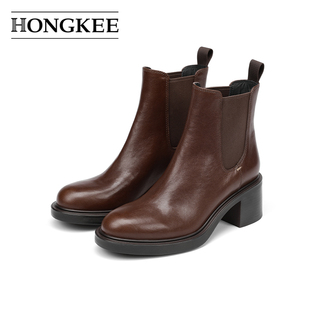 Hongkee/红科女靴牛皮复古简约粗跟短靴切尔西靴HC24S404