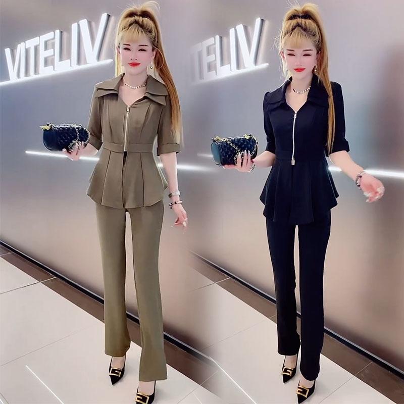 网红秋季OL时尚套装女2022新款气质收腰中长裙摆衬衫微喇裤两件套