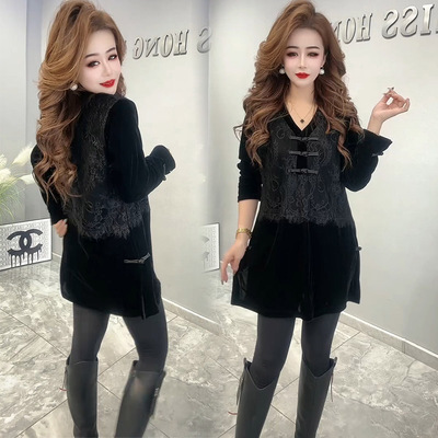 国风盘扣长袖丝绒拼接蕾丝衬衫