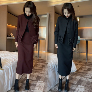 通勤时尚套装女2025冬新款气质修身菲边外套半裙高档毛呢两件套冬